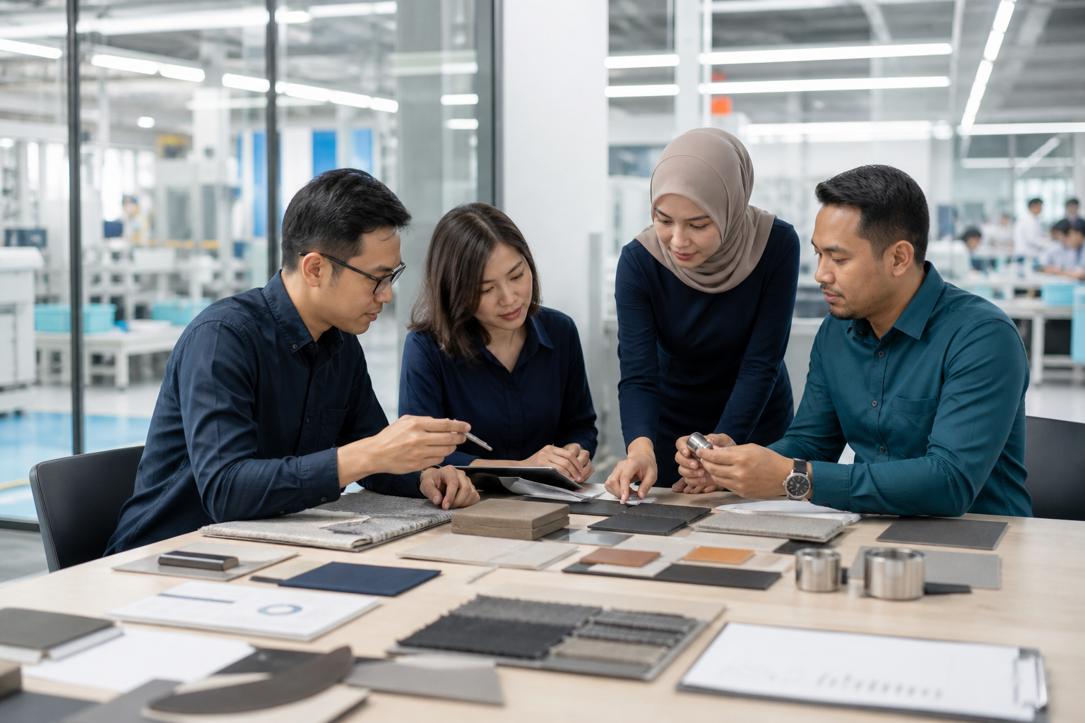 A sourcing team reviewing materials and specifications in a manufacturing setting